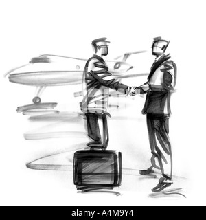 Businessmen shaking hands near jet Stock Photo