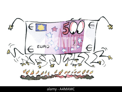 Euro bill walking on fire Stock Photo