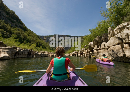 Going down the gorges of the Ardeche river in a canoe (France).  Descente des Gorges de l'Ardèche en canoë (France). Stock Photo