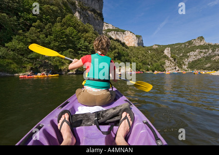 Going down the gorges of the Ardeche river in a canoe (France).  Descente des Gorges de l'Ardèche en canoë (France). Stock Photo