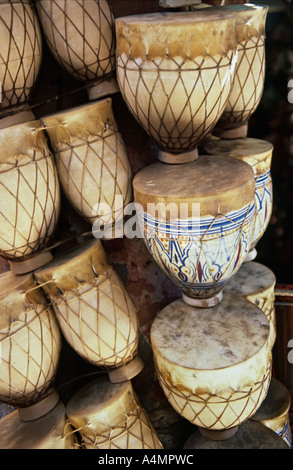 MOROCCO MARRAKECH Traditional drums on sale at the souk Stock Photo