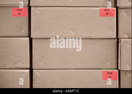 Urban Type Red Labels On Stacked Storage Boxes Stock Photo