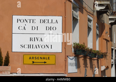 Venice Italy street scene with multiple street sign names taken 2005 Stock Photo