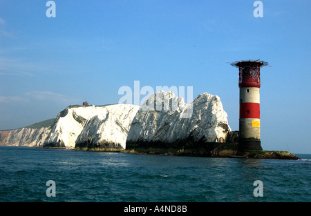 Lighthouse at the Needles in Alum Bay, Isle of Wight, England, United Kingdom Stock Photo