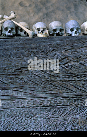 Skulls on a ledge in a traditional Toraja cave burial chamber, Tanatoraja Sulawesi Indonesia. Stock Photo