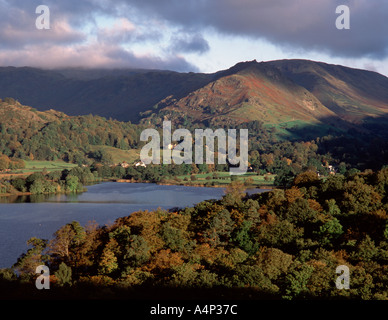 Beautiful scenic landscape; view over Grasmere towards Helm Crag, Lake District National Park, Cumbria, England, UK. Stock Photo