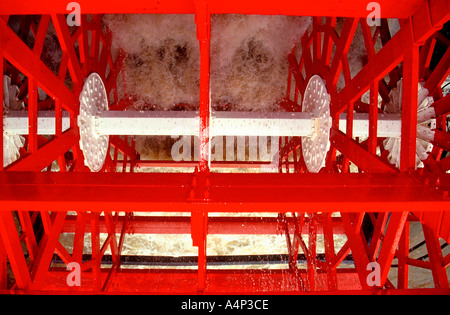 Close up of Natchez Mississippi riverboat red paddlewheel turning New Orleans Louisiana Stock Photo