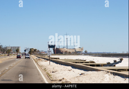 Treasure Bay Casino shaped like pirate ship is gutted and beached by Hurricane Katrina along highway 90 in Biloxi Mississippi Stock Photo