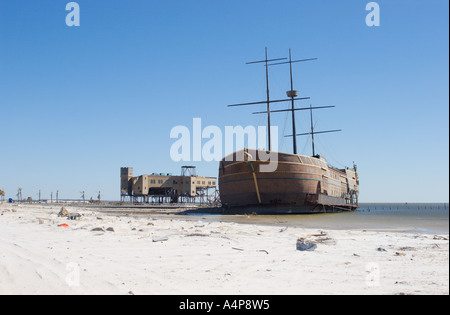 Treasure Bay Casino shaped like pirate ship is gutted and beached by Hurricane Katrina in Biloxi Mississippi Stock Photo