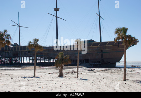 Treasure Bay Casino shaped like pirate ship is gutted and beached by Hurricane Katrina in Biloxi Mississippi Stock Photo