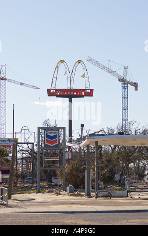 Damage from Hurricane Katrina to McDonalds fast food resturant and Chevron gas station along highway 90 in Biloxi Mississippi still visible six months later Stock Photo