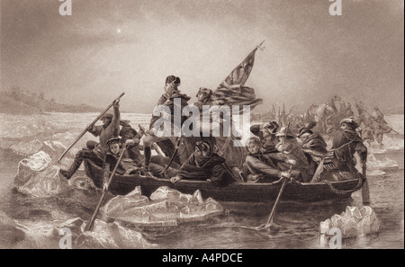 General George Washington and soldiers crossing the Delaware River Stock Photo