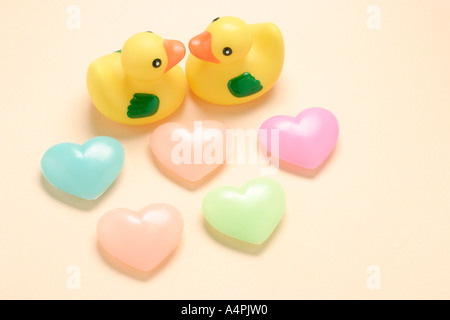 Rubber Ducks and Love Hearts Stock Photo
