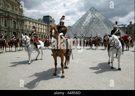 French Republican guards on show in front of the Louvre museum in Paris France 2004 Stock Photo