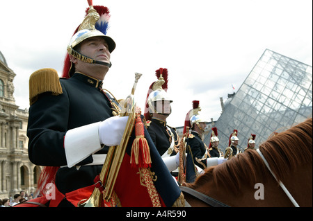 French Republican guards on show in front of the Louvre museum in Paris France 2004 Stock Photo