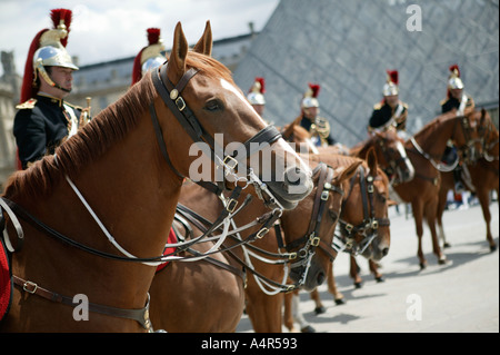 French Republican guards on show in front of the Louvre museum in Paris France 2004 Stock Photo