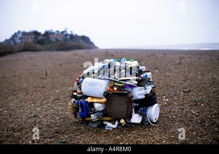 Rubbish collected from the beach at Bawdsey Ferry in Suffolk forming an art installation by local artist Miggie Wyllie Stock Photo