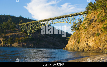 Deception Pass State Park Bridge at sunset Whidbey Island Washington USA Stock Photo