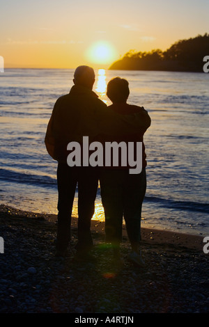 Silhouette of couple watching sunset on beach Stock Photo