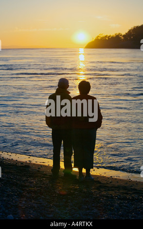 Silhouette of couple watching sunset on beach Stock Photo