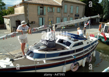 Newbridge 26 Yacht called Pioneer Spirit with mast down in Puicheric Lock on Canal du Midi Southern France Stock Photo