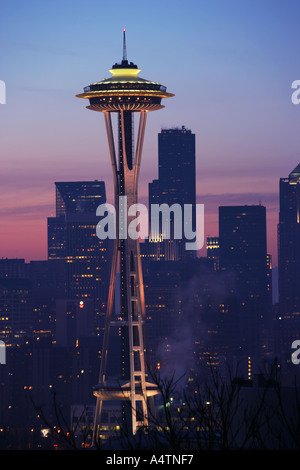 Dawn breaks over the skyline of downtown Seattle with the space needle lit from Queen Anne Hill Stock Photo