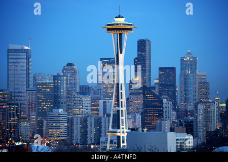 Twilight over the skyline of downtown Seattle with the space needle from Queen Anne hill Stock Photo