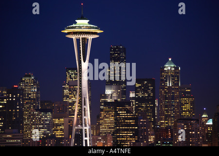 Twilight over the skyline of downtown Seattle with the space needle from Queen Anne hill Stock Photo