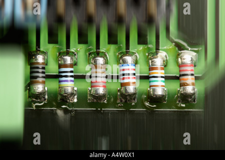 Row of resistors on circuit board - selective focus Stock Photo