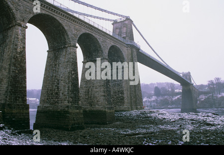 Menai Bridge in the snow Anglesey Stock Photo