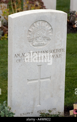 War grave Ypres, Belgium inscribed 'An Australian Soldier of the Great War' Stock Photo