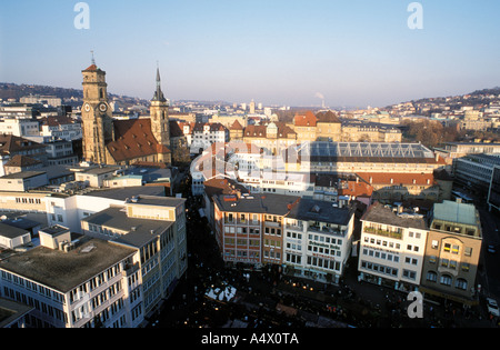 View from the town hall over the city with Stiftskirche church and the  market place Stuttgart Baden Wuerttemberg  Germany Stock Photo
