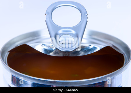 Ring pull on top of opened tin can, close-up Stock Photo