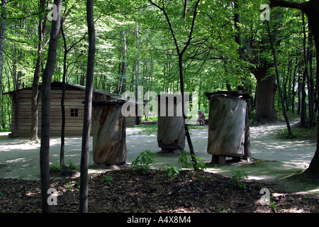 Wooden beehives are seen in Pirohovo National culture museum suburb of Kiev, Ukraine. Stock Photo