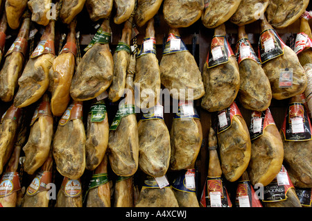 Serrano-ham at retail in supermarket Teneriffe, Canary Islands, Spain Stock Photo