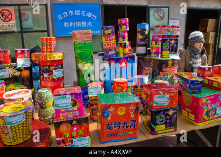 Fireworks on sale on a stall in the street in Beijing during Chinese New Year celebrations Spring Fair 2007 JMH2056 Stock Photo
