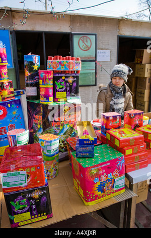 Fireworks on sale on a stall in the street in Beijing during Chinese New Year celebrations Spring Fair 2007 JMH2057 Stock Photo