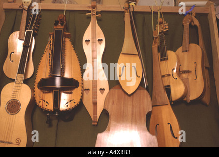 Hand made early musical instruments on display Stock Photo