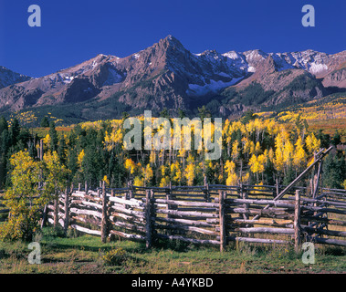 Old log post and pole corral and aspen trees in fall color Sneffels Range Colorado USA