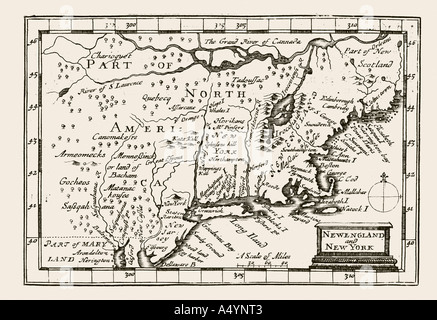 Antique map New England and New York by Petrus Kaerius 1646 from John Speed Prospect most Famous Parts of World 1675 JMH0978 Stock Photo