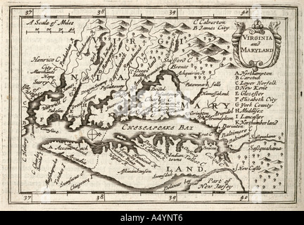 Antique map Virginia and Maryland by Petrus Kaerius 1646 from John Speed Prospect most Famous Parts of World 1675 JMH0979 Stock Photo