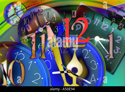 clock hands moving towards twelve o clock Stock Photo