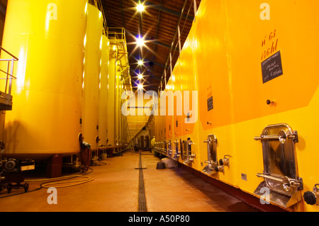 The wine cellar winery with enormous steel storage vats and conrete tanks at Chateau des Fines Roches, Chateauneuf-du-Pape, Vaucluse, Rhone, Provence, France Stock Photo