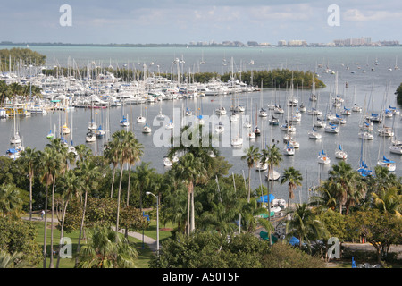 Miami Florida,Coconut Grove,Biscayne Bay water,harbor,harbour,sailboats,Key Biscayne,Sonesta Hotel Panorama Restaurant view,visitors travel traveling Stock Photo