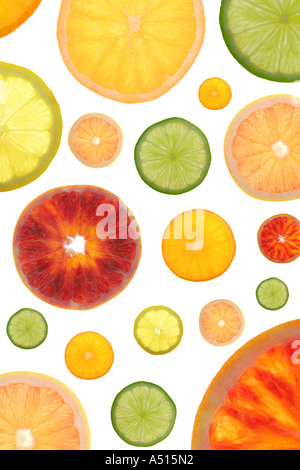 A composite of back-lit slices of citrus fruits (lime, lemon, pink grapefruit, orange, mandarin and blood orange). Stock Photo