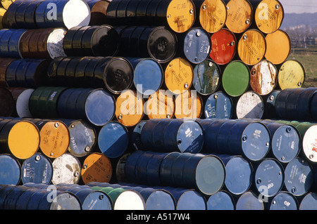 Large stack of drums for storing liquids Stock Photo