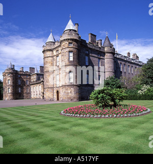 Flowers and lawn stripes at front of Scottish Holyrood Palace in Edinburgh UK official residence of the British monarch in Scotland Stock Photo