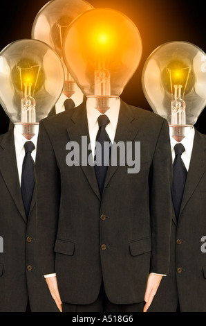 men in suits with lightbulbs for heads business concept bright ideas recruitment switched on Stock Photo