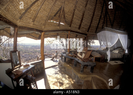 Interior of bedroom and panoramic view Elsa s Kopje Meru National Park Kenya East Africa Stock Photo