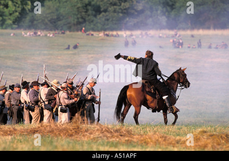 Are union army Calvary officer leading his soldiers during the battle of Gettysburg reenactment on July 4 Stock Photo